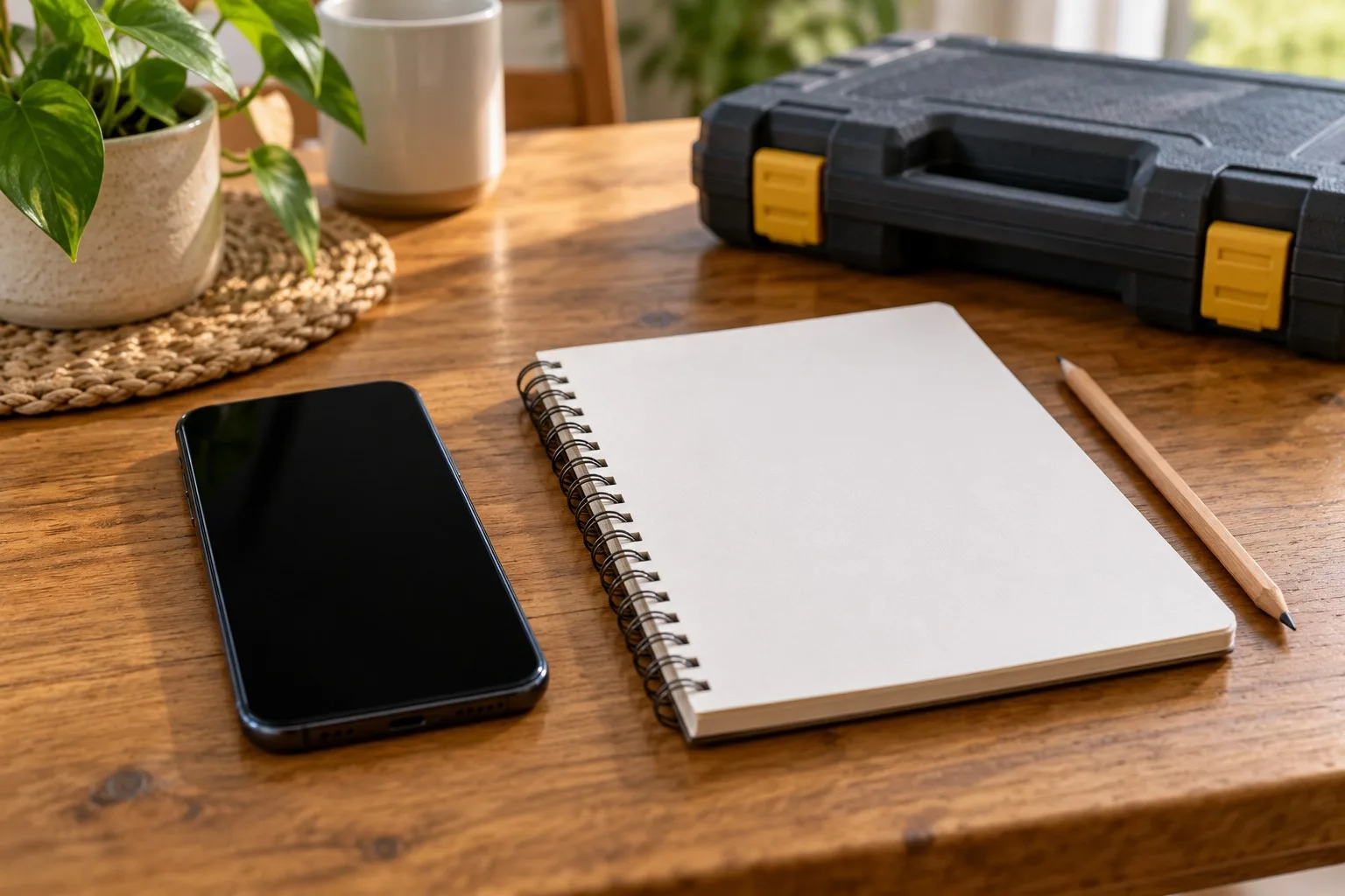 Telefon und Notizbuch für die Vorbereitung einer Störungsmeldung